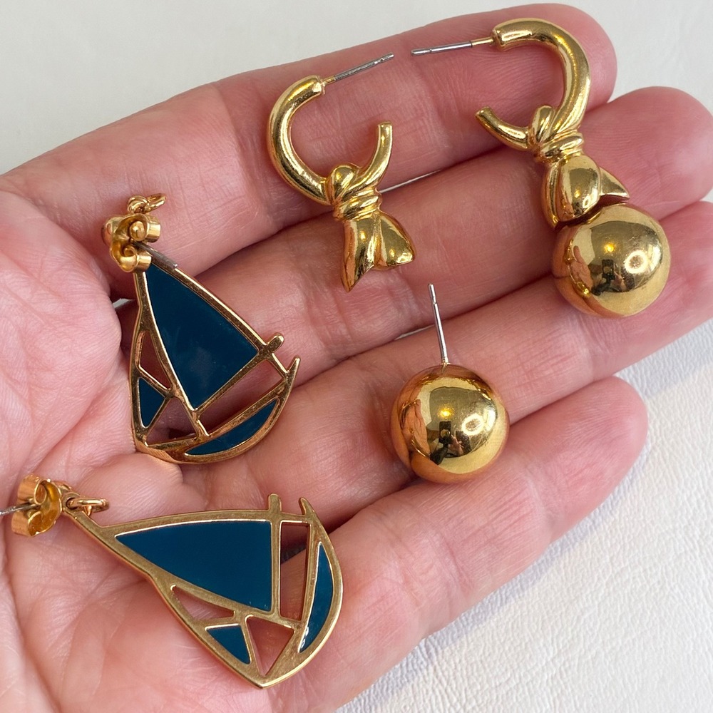 Vintage Sailboat Blue Enamel Earrings Convertible Gold Tone Ball Hoops Lot of 2